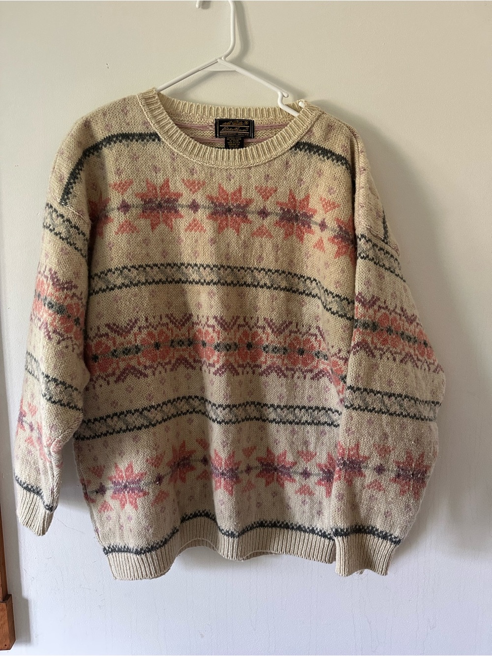 Eddie Bauer Cream Crewneck Sweater with Pink Nordic Motif